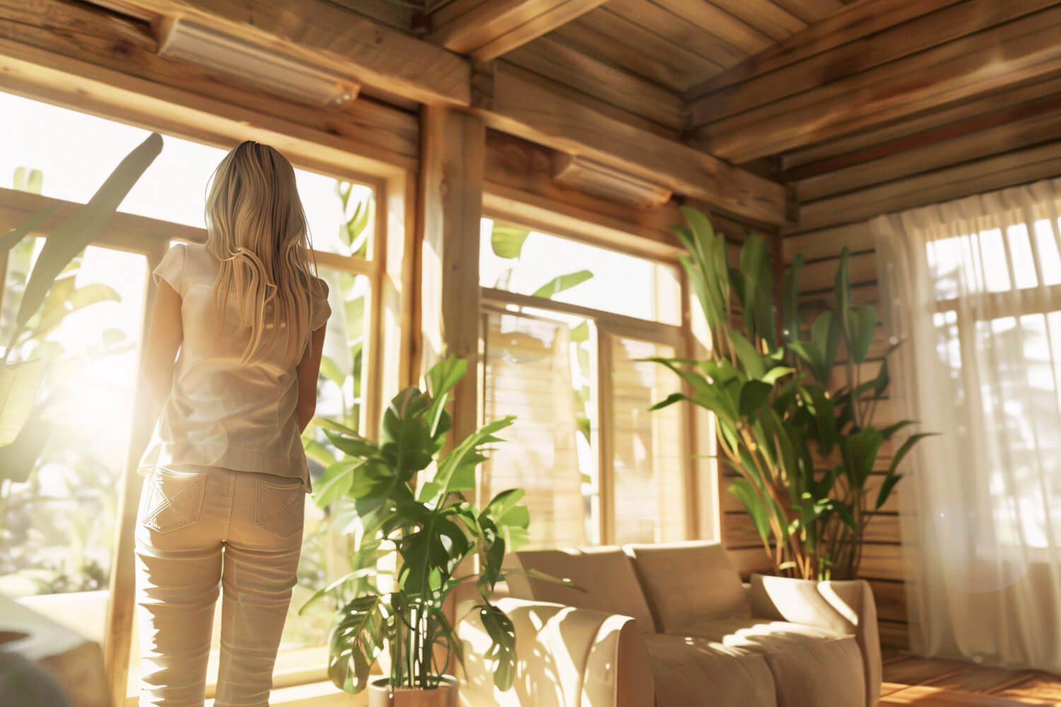 kobieta zastanawia się, jak urządzić domek letniskowy w środku